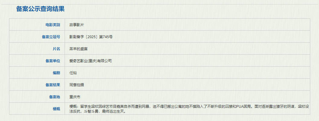 《羔羊的盛宴》备案立项 任灿担任编剧